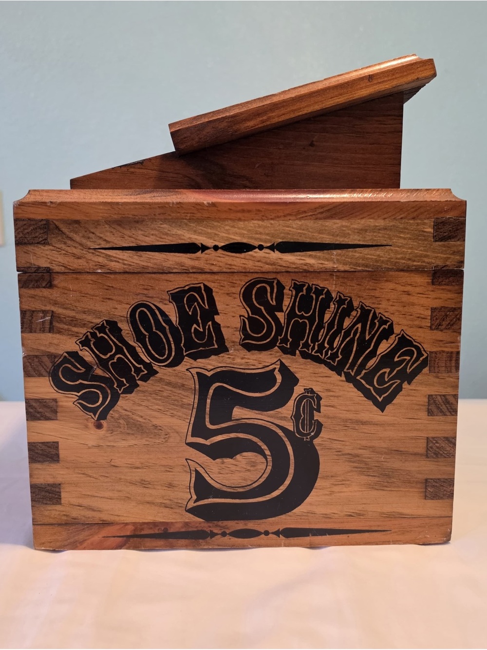 Wooden Shoe Shine Box with 5¢ Retro Graphic